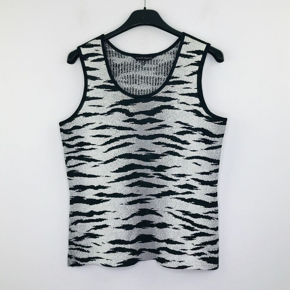 Ming Wang Women's Medium Tank Top White Black Zebra Striped Knit Ringer BT10